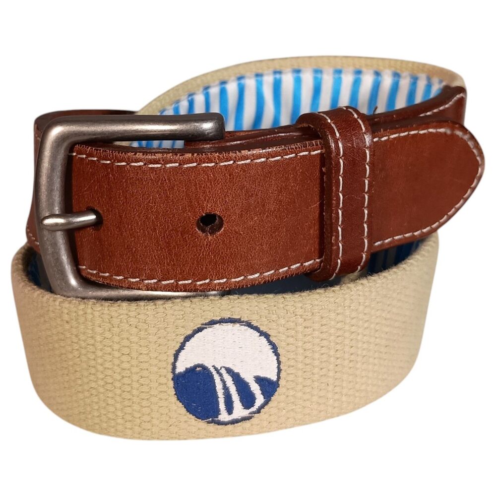 Peter Millar Belt Mens 36 Beige Golf Embroidered Canvas Leather